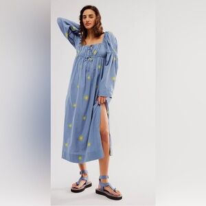Free People blue sun embroidery midi dress.
